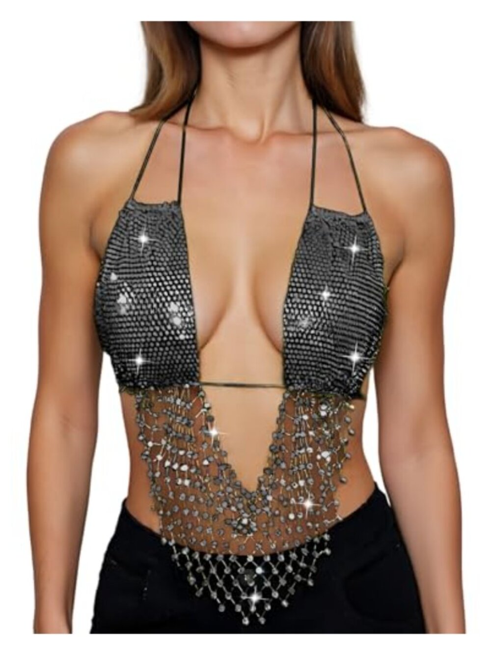 Women's Halter Backless Crop Top Rhinestone Glitter Party Clubwear Draped Tank
